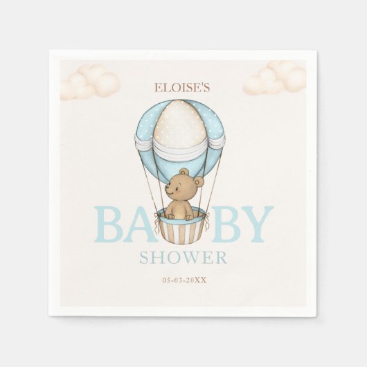テディベア熱いバルーン心待ち男の子ベイビーシャワー スタンダードカクテルナプキン (正面)