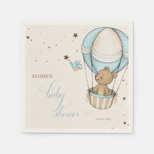 テディベア熱いバルーン心待ち赤ちゃんシャワー スタンダードカクテルナプキン (正面)
