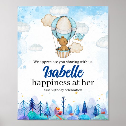 テディベア熱気球ガールバースデーポスター ポスター (正面)