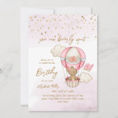 テディベア熱気球ベビーガール1st誕生日 招待状 (正面)