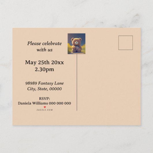 テディベア牧草地、かわいい子供たち任意の年齢 インビテーションポストカード (裏面)