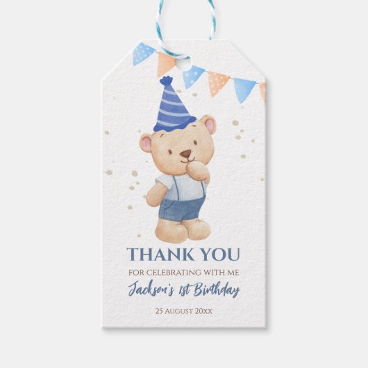 テディベア男の子の感謝してい生生日パーソナライズされた ギフトタグ (正面)