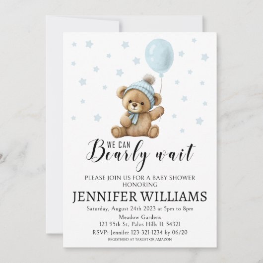 テディベア男の子の赤ちゃんシャワー招待カード 招待状 (正面)