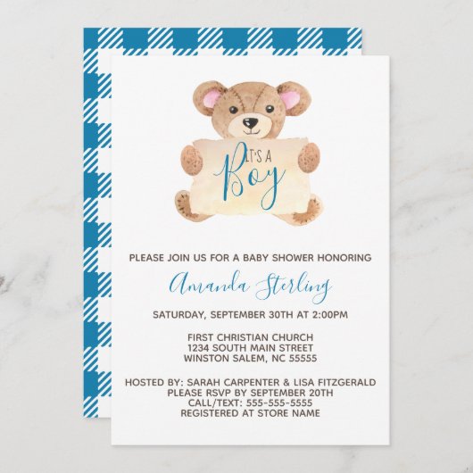 テディベア男の子の赤ちゃんシャワー 招待状 (正面/裏面)