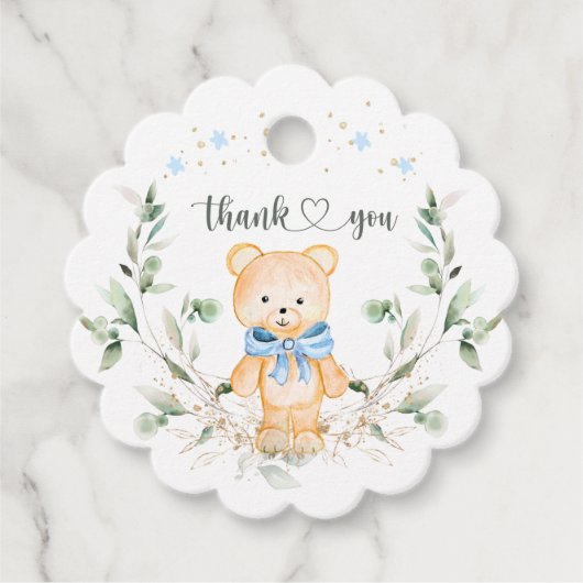 テディベア男の子ベイビーシャワーありがとうメッセージカード フェイバータグ (正面)