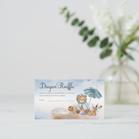 テディベア男の子ベビーシャワーおむつラッフル エンクロージャーカード (スタンド正面)