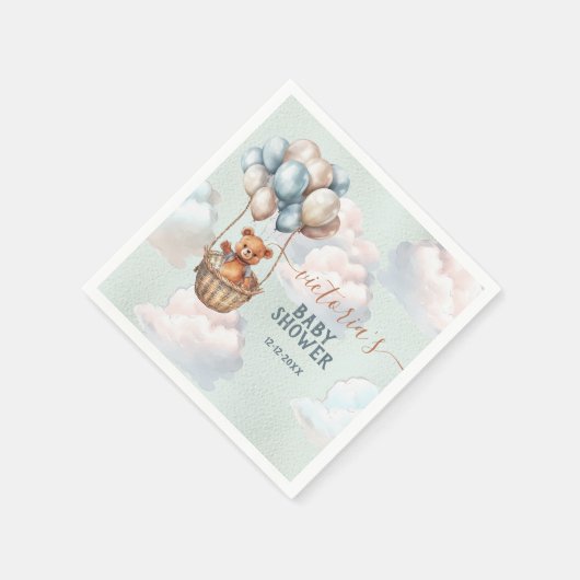 テディベア男の子ホットエアバルーン赤ちゃんシャワー スタンダードカクテルナプキン (角)