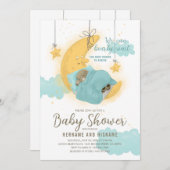 テディベア男の子ムーンスターブルーベビーシャワー 招待状 (正面/裏面)