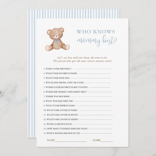 テディベア男の赤ちゃんシャワーゲーム 招待状 (正面/裏面)