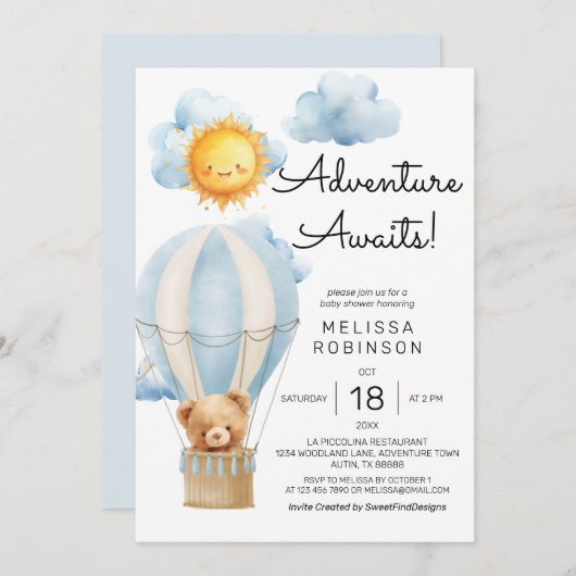 テディベア男の赤ちゃんシャワー 招待状 (正面/裏面)