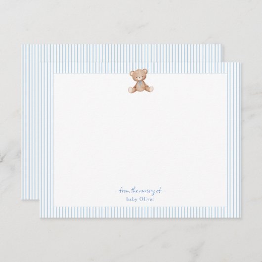 テディベア男の赤ちゃんブルーと白縁ど サンキューカード (正面/裏面)