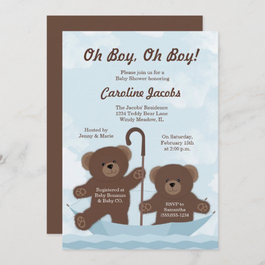 テディベア男児ツインズベビーシャワー 招待状 (正面/裏面)