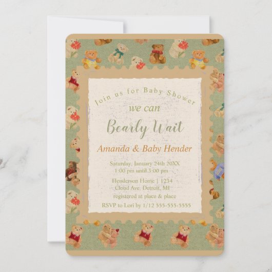 テディベア真珠のように待つベビースシャワー 招待状 (正面)