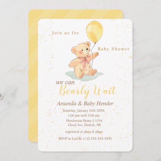 テディベア真珠のように待つベビースシャワー 招待状 (正面/裏面)