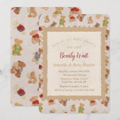 テディベア真珠のように待つベビースシャワー 招待状 (正面/裏面)