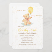 テディベア真珠のように待つベビースシャワー 招待状 (正面/裏面)