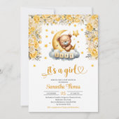 テディベア眠っている黄色い花女の子の赤ちゃんシャワー 招待状 (正面)