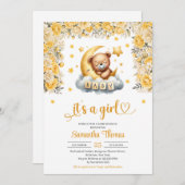 テディベア眠っている黄色い花女の子の赤ちゃんシャワー 招待状 (正面/裏面)