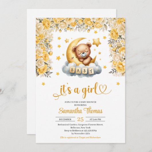 テディベア眠っている黄色い花女の子の赤ちゃんシャワー 招待状 (正面/裏面)
