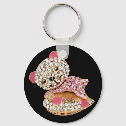 テディベア眠る美しいダイヤモンド可愛いピンク キーホルダー (正面)