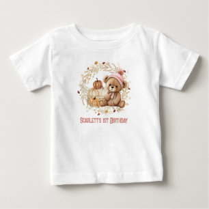 テディベア秋1stバースデーパンプキンズナマガール ベビーTシャツ