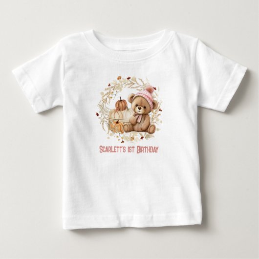 テディベア秋1stバースデーパンプキンズナマガール ベビーTシャツ (正面)