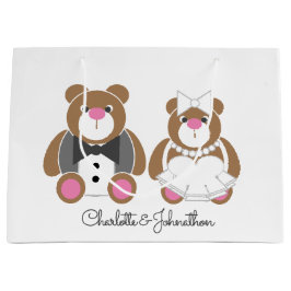 テディベア結婚の可愛い白 ラージペーパーバッグ