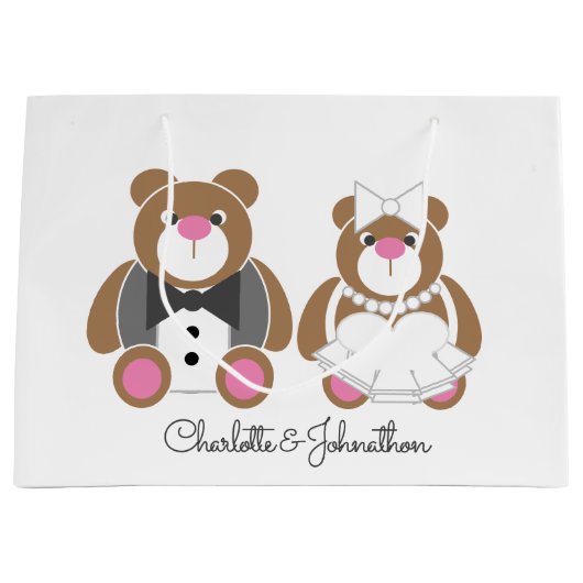 テディベア結婚の可愛い白 ラージペーパーバッグ (正面)