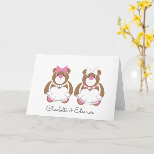 テディベア結婚レズビアンおめでとう カード (黄色い花)