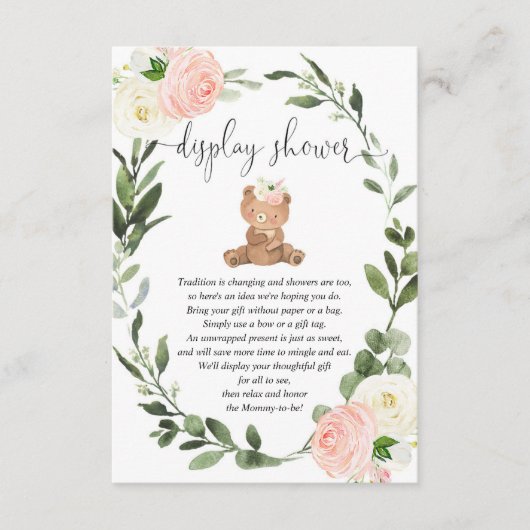 テディベア緑のピンクのフローラディスプレイシャワー エンクロージャーカード (正面)