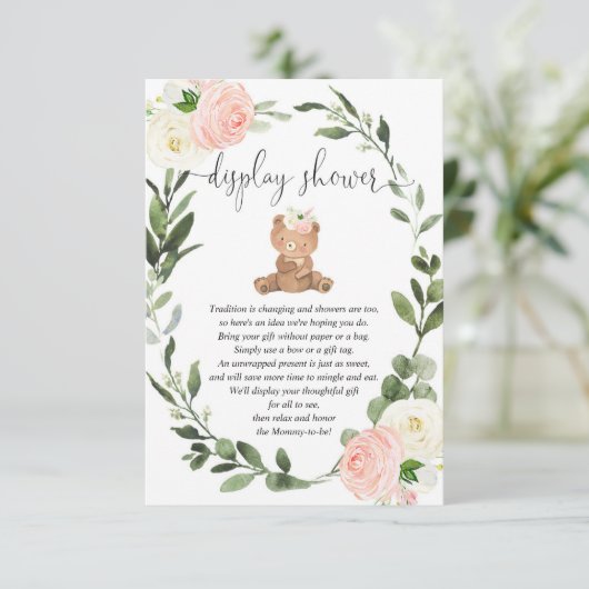 テディベア緑のピンクのフローラディスプレイシャワー エンクロージャーカード (スタンド正面)