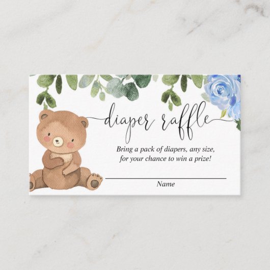 テディベア緑の青いフローラ男の子おむつラッフル エンクロージャーカード (正面)