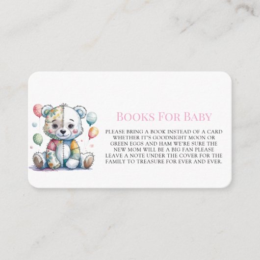 テディベア縫いパッチワーク女の子の本ベビー エンクロージャーカード (正面)