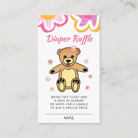 テディベア花赤ちゃんシャワーおむつラッフル エンクロージャーカード (正面)
