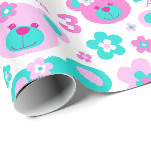 テディベア花3rd誕生日の名前ギフト紙 ラッピングペーパー (ロールコーナー)