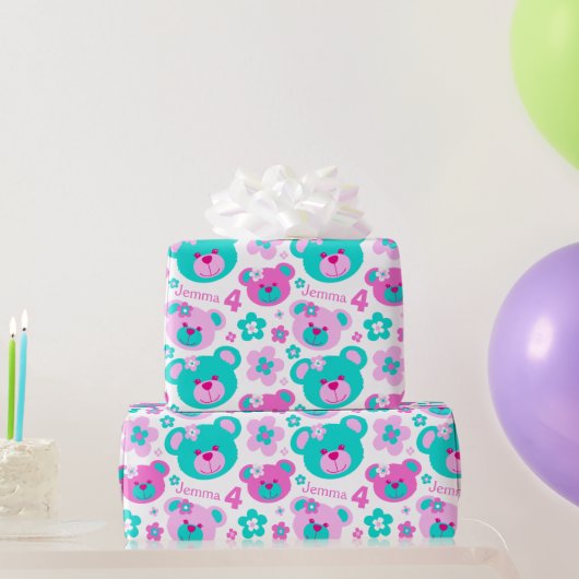 テディベア花4th誕生日の名前ギフト紙 ラッピングペーパー (パーティーギフト)