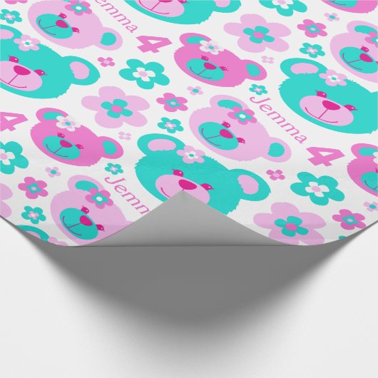 テディベア花4th誕生日の名前ギフト紙 ラッピングペーパー (角)