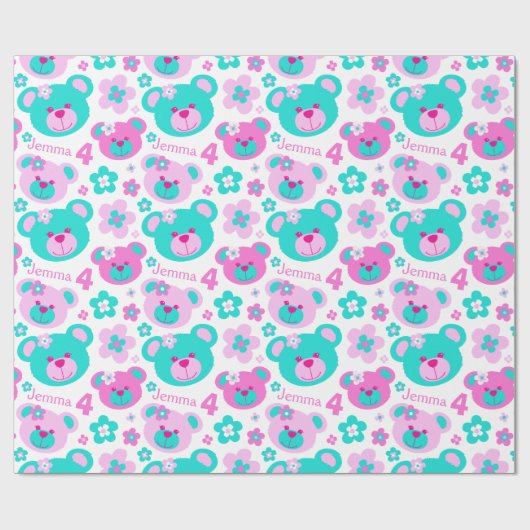 テディベア花4th誕生日の名前ギフト紙 ラッピングペーパー (フラット)