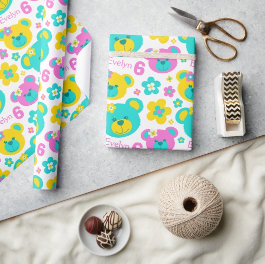 テディベア花6th誕生日の名前ギフト紙 ラッピングペーパー (クラフト)