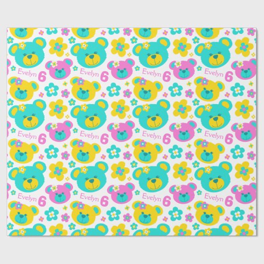 テディベア花6th誕生日の名前ギフト紙 ラッピングペーパー (フラット)