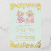 テディベア茶パーティーミント金ゴールドベビーシャワー箔イン 箔招待状 (正面)