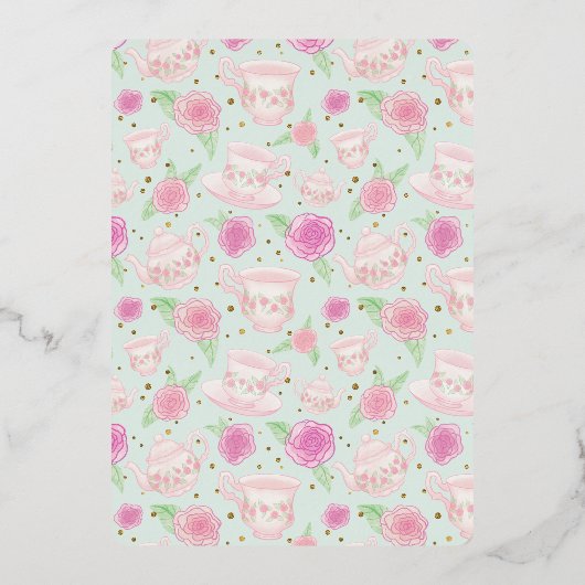 テディベア茶パーティーミント金ゴールドベビーシャワー箔イン 箔招待状 (裏面)