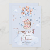 テディベア茶色と青のベビーシャワー 招待状 (正面/裏面)