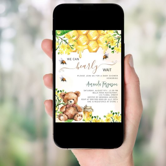 テディベア蜂ハニカムイエローベイビーシャワー 招待状