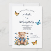 テディベア蝶男の赤ちゃん1st誕生日パーティー 招待状 (正面)