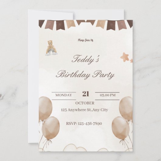 テディベア誕生日ウェルカムカード 案内状 (正面)