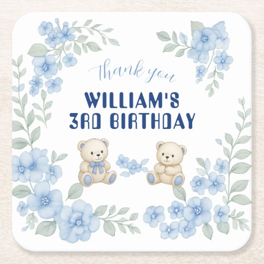 テディベア誕生日パーティー スクエアペーパーコースター (正面)