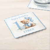 テディベア誕生日ボーイブルーベージュ紙コースター ペーパーコースター (アングル)