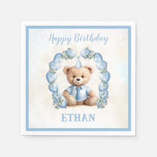 テディベア誕生日リトルボーイブルー紙ナプキンス スタンダードカクテルナプキン (正面)
