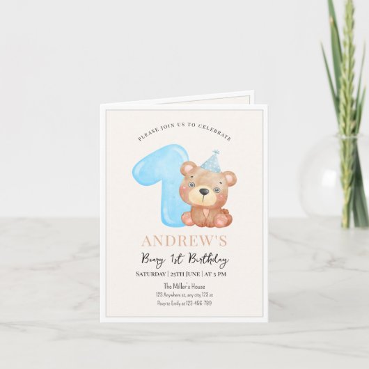 テディベア誕生日招待状、ミニマリストベア 招待状 (正面)